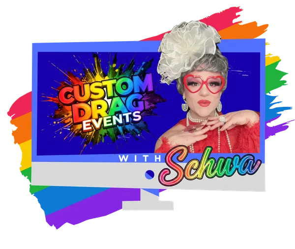 Corporate drag queen Schwa de Vivre in holiday costume for virtual team event